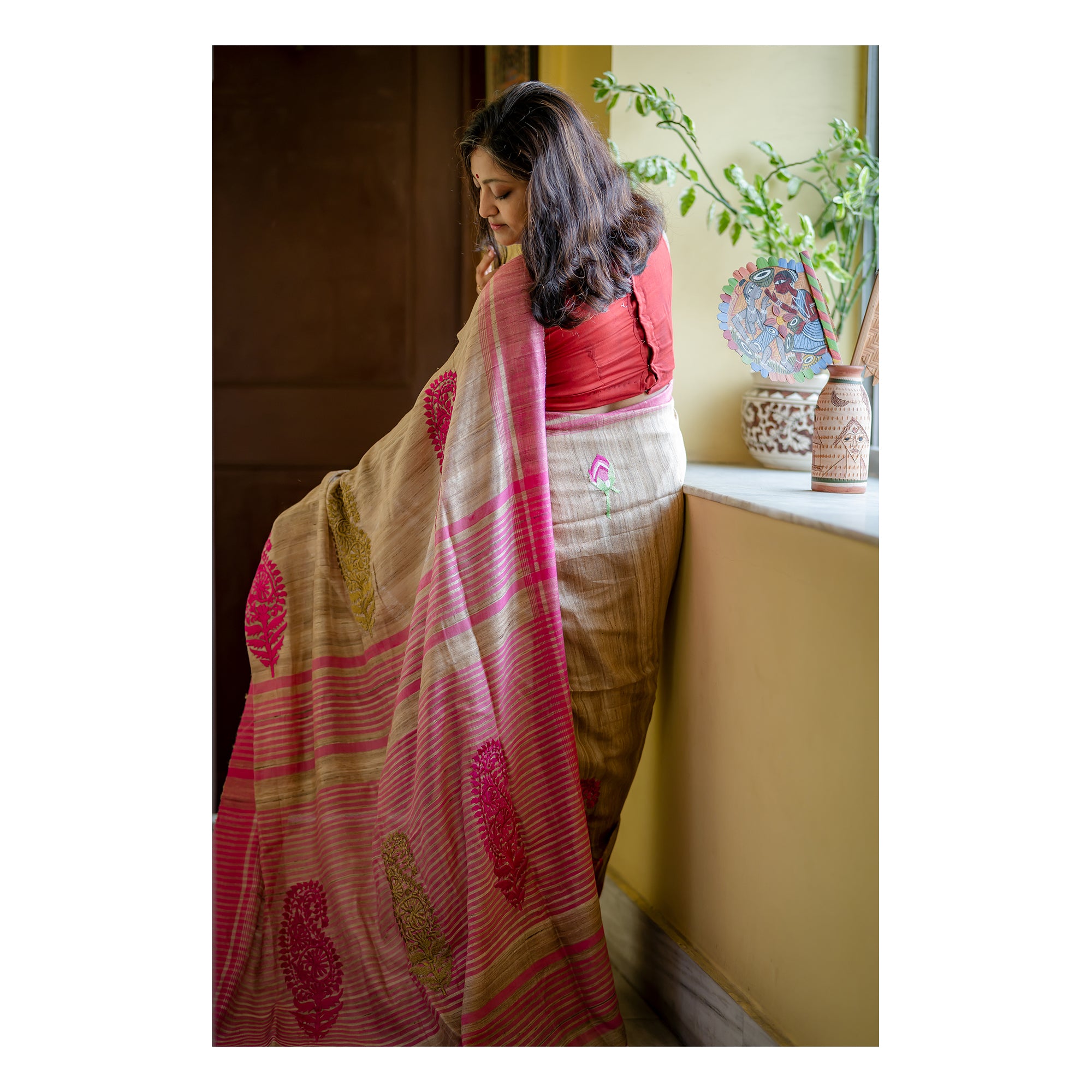 TUSSAR PAISLEY LOTUS PINK SAREE